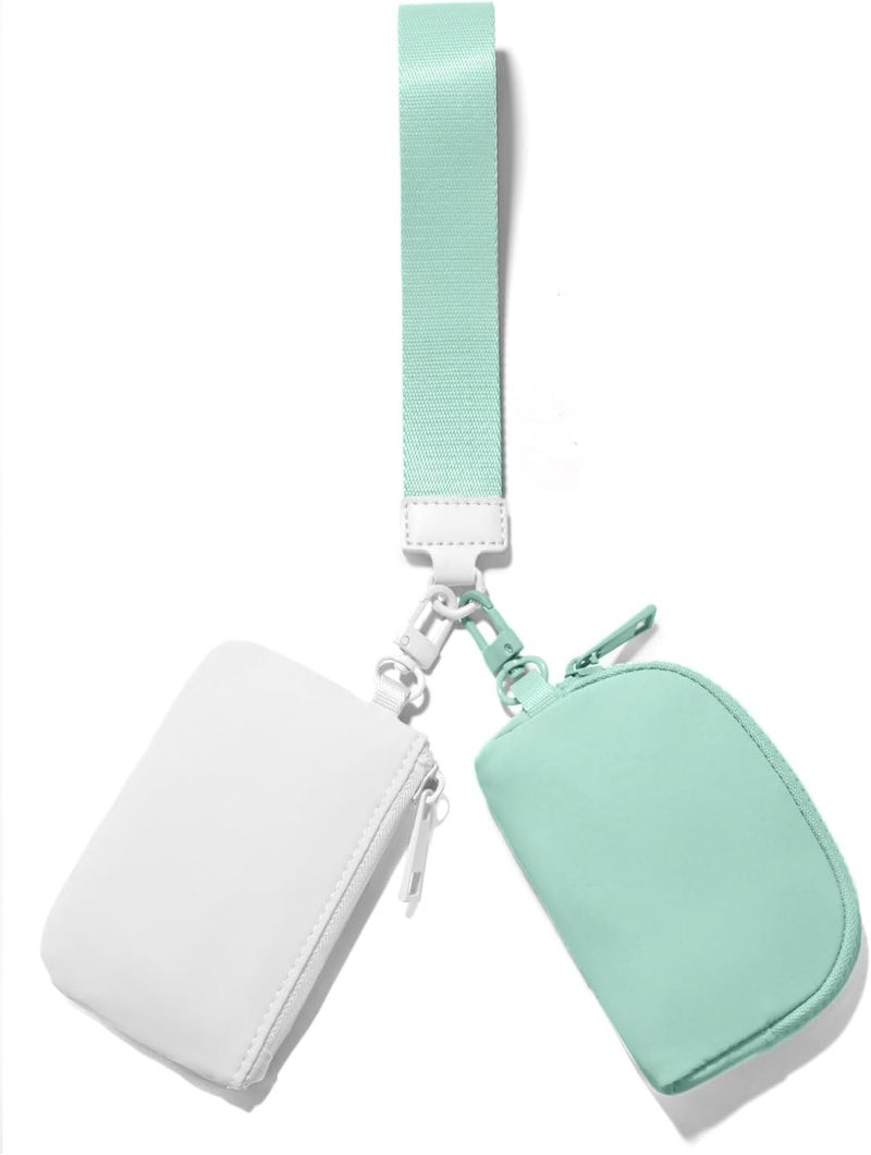 Viverte Mini Zip Around Keychain Wristlet Wallets Small Portable Dual Pounch Wristlet Detachable Coin Purse Pocket Gifts for Women Travel Sports Outdoors (White+Green) - Image 1